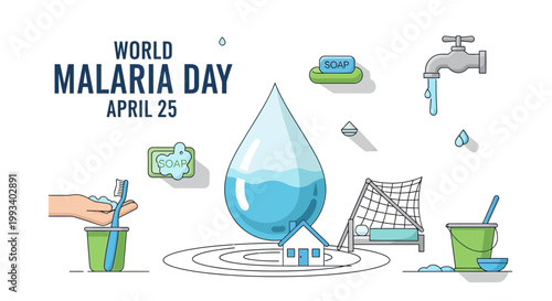 World Malaria Day, mosquito prevention icons, waterborne disease awareness, public health symbols, April 25