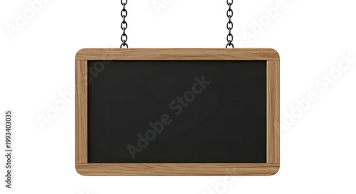 A rectangular, blank slate, framed in wood, suspended by chains against a black background