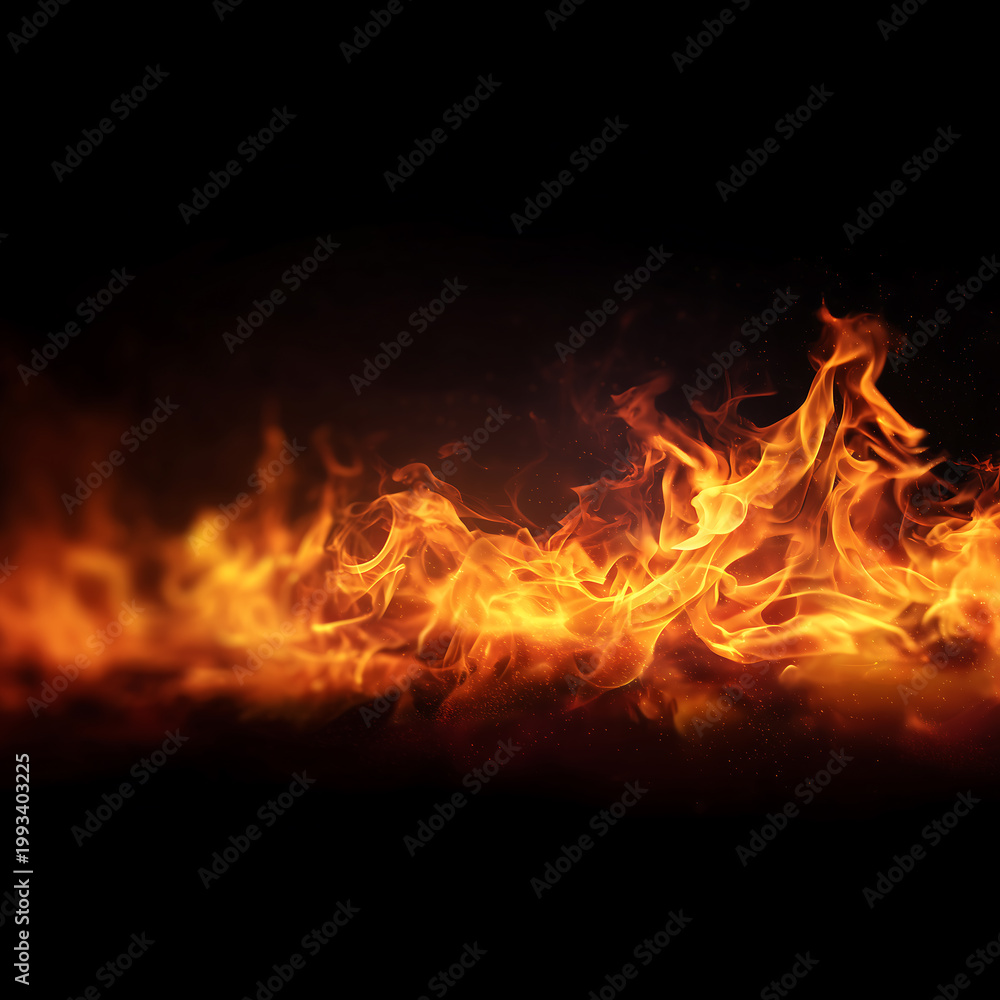 Fototapeta premium Horizontal Fire Flames Line with Bright Burning Glow, MACRO photography effect light on Black Background PNG