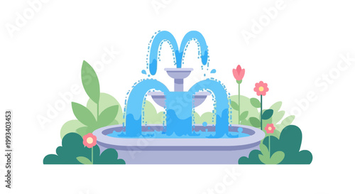 Colorful Fountain with Flowering Plants and Pink Flowers