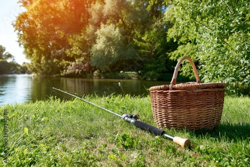 Fishing Gear Near a Lake With a Basket on a Grassy Shore During a Sunny After...