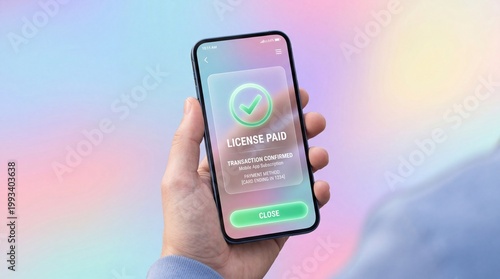 A hand holding a smartphone displaying a successful confirmation message against a soft pastel gradient background, symbolizing digital verification