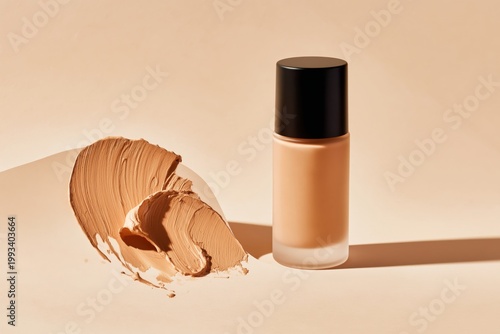 Makeup Products on a Smooth Surface With a Splash of Foundation Beside the Bo...