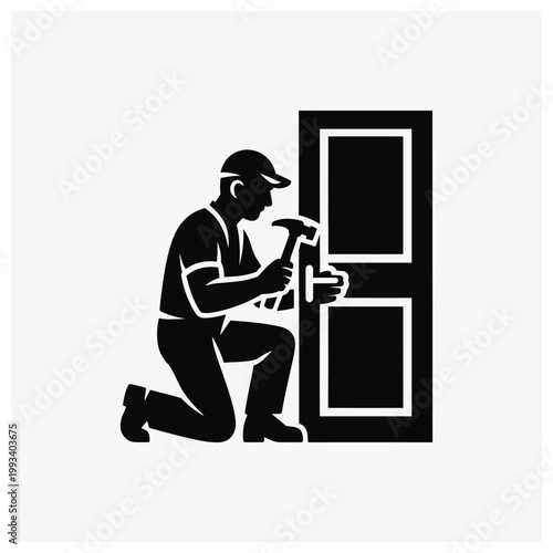 Cartoon silhouette of a worker repairing or installing a door