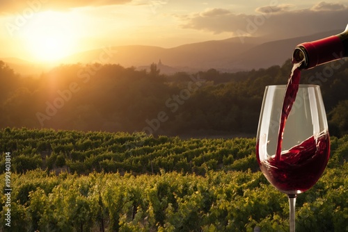Pouring Red Wine Into a Glass During Sunset at a Vineyard in the Countryside