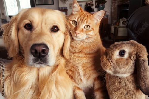 Animals Sit Together in a Cozy Living Room During the Day