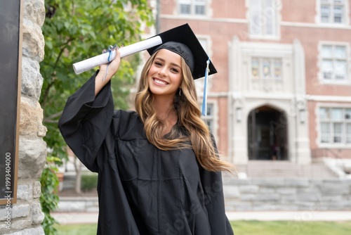 Graduating Student Celebrates With Diploma on Campus in Spring Afternoon