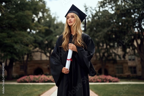 Graduate Stands With Diploma in Hand at University Campus During Commencement...