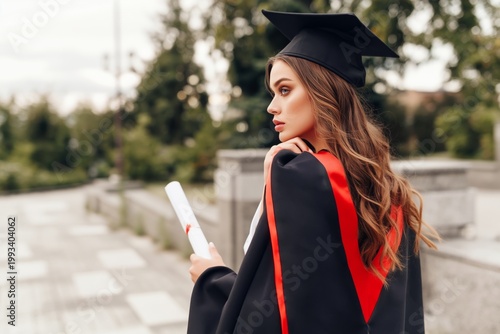 Young Woman With Graduation Cap Holding Diploma Outside During Day