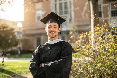 Graduate Poses Outside With Confidence Under Blooming Trees During a Sunny Day