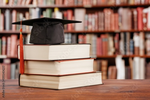 Books and Graduation Cap on Desk in Library Setting With Shelves Full of Book...