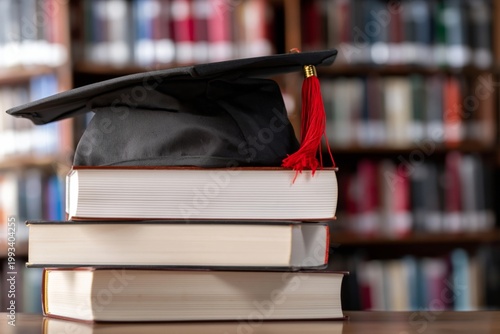 Graduation Cap Placed on Stacked Books in a Library During the Day