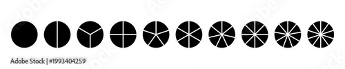 Infographic minimalist icons set. Coaching blank mockup. Circle division on 1 2 3 4 5 6 7 8 9 10 black equal parts. Pizza, pie chart layout. Wheel round divided diagrams from one to ten segments