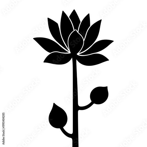 Black silhouette of a lotus flower with leaves on a white background for Vesak Day  