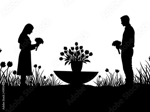 Silhouettes of man and woman holding flowers by a floral arrangement for Vesak Day  