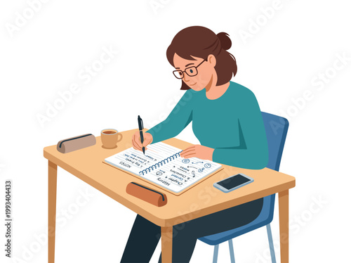 Woman studying and taking notes in a notebook at a desk
