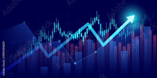 moving up arrow financial chart with stock market graph on blue color background