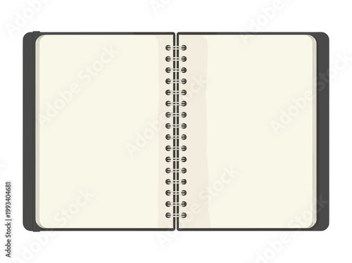 Open spiral notebook with blank pages, minimalist vector design