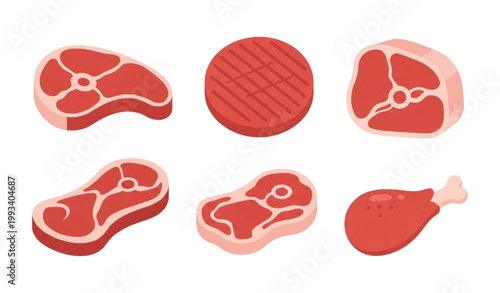 Flat raw meat vector set with beef steaks chicken leg and burger patty for butcher products isolated on white background