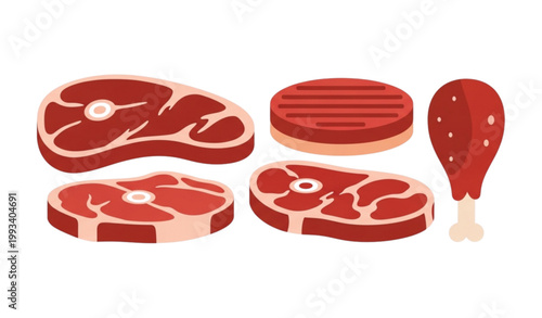 Butcher shop raw meat vector illustration collection with beef steak burger patty and chicken leg isolated on white