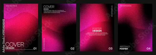  Abstract grainy gradient poster set with vibrant pink and magenta waves. Modern minimalist covers featuring noise texture and fluid shapes on black backgrounds.
