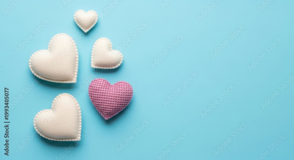 Obraz premium Decorative fabric hearts on blue background, soft textile heart shapes for Valentine's Day, romantic craft ornaments with copy space for greeting cards