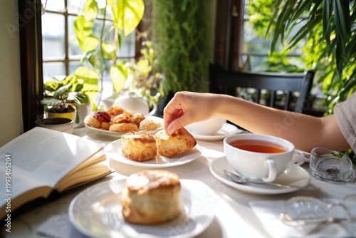 Hand Reaches for Pastry on a Plate in Bright Cafe Setting During Morning Hours
