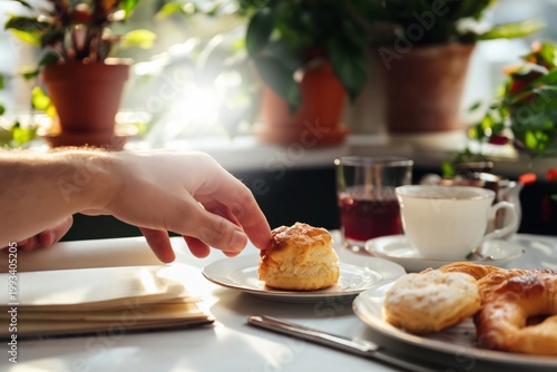 Hand Reaches for Pastry on a Plate in Bright Cafe Setting During Morning Hours