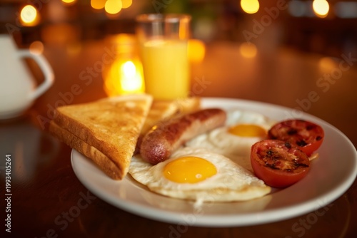 Breakfast Plate With Eggs, Sausage, Tomatoes, and Toast in a Restaurant Setti...
