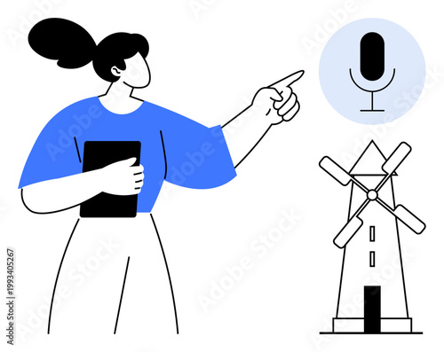 Sustainability, renewable energy, digital communication, innovation, technology, clean energy. A woman holds a tablet while pointing at a microphone and a windmill. Renewable energy and digital
