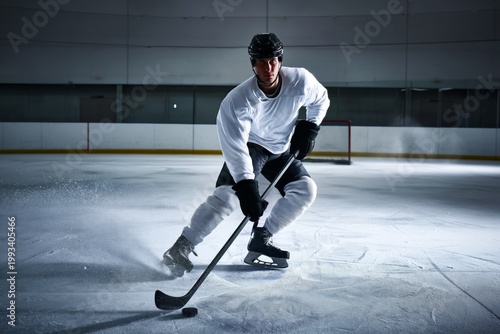 Hockey Player Practices Skating and Shooting on Ice Rink During Evening Train...