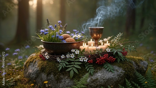 Ancient Beltane ritual circle in a misty forest featuring an antique parchment engraving, burning candles, incense smoke and spring flowers.