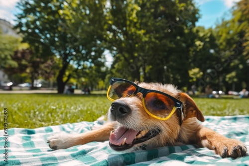 Dog Lies on a Blanket in a Park Wearing Sunglasses on a Sunny Day