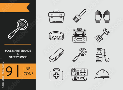 Tool maintenance safety outline icons repair protection equipment symbol collection