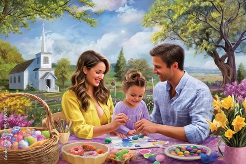 Family Enjoys Painting Easter Eggs Together on a Sunny Day by the Countryside