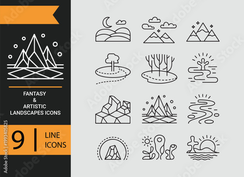 Fantasy artistic landscapes outline icons imaginative scenery creative nature collection