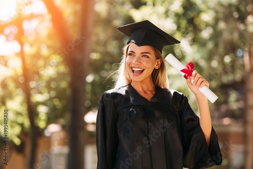 Smiling Graduate Holds Diploma Outdoors in Sunlight With Trees and Building i...