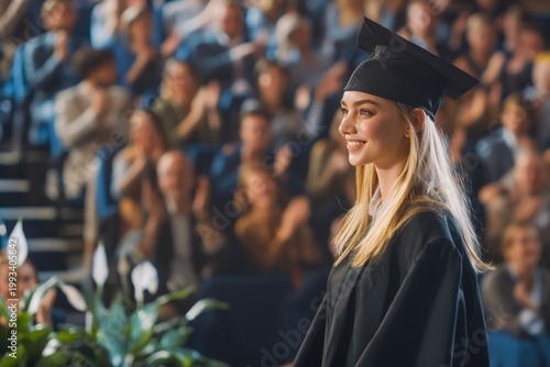Graduation Ceremony With Smiling Graduate in Cap and Gown While Audience Clap...
