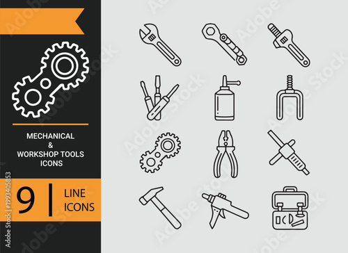 Mechanical workshop tools outline icons industrial equipment engineering symbol collection