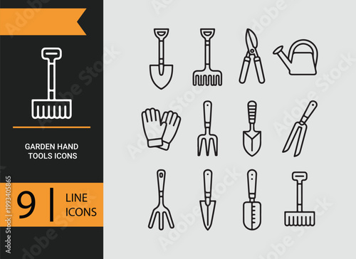 Garden hand tools outline icons gardening equipment simple line icon set