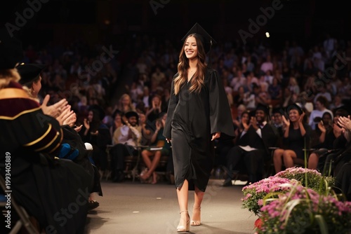 Graduation Ceremony With Students Walking on Stage and Audience Applauding