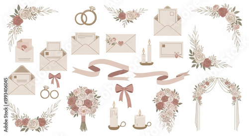 Elegant Minimal Wedding Vector Clipart Set with Floral Corners, Rings, Envelopes, Ribbons, Candles, Bouquets and Arch Elements in Soft Beige Blush Gold Stationery Style Flat Illustration Isolated on W