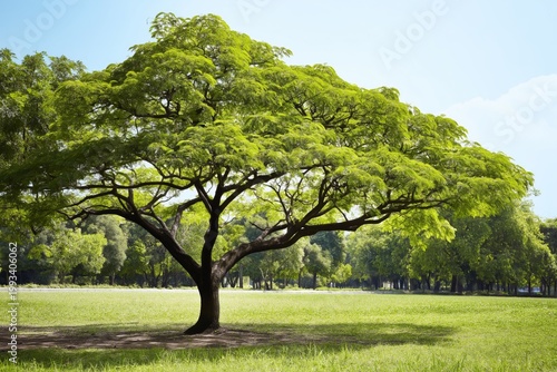 Bright Green Tree Branches Stretch Toward a Clear Blue Sky in a Forest During...