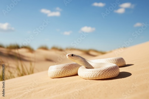 White Snake Resting on Soft Sand in a Sunny Desert Scene With Blue Sky and Cl...