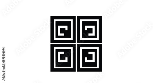 A symmetrical arrangement features four black squares each containing a nested spiral like geometric pattern high quality professional