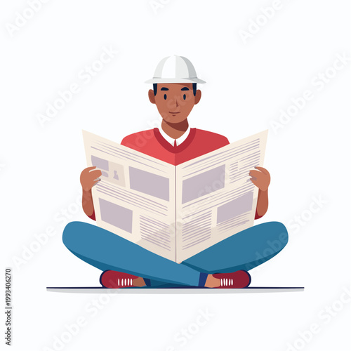 Man in Hard Hat Reading Newspaper