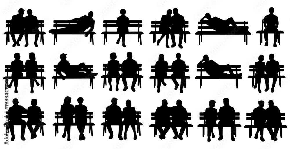 Fototapeta premium People sitting on benches silhouette vector set with couples and individuals, Crowded park bench collection featuring various sitting poses and groups