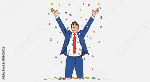 Man in blue suit celebrating with confetti.