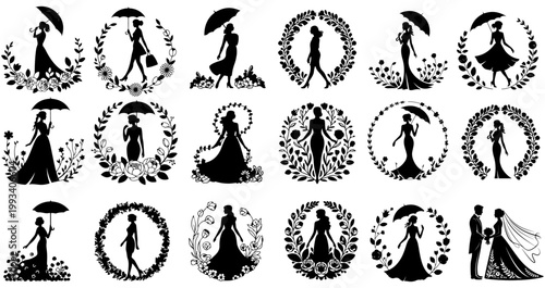 Woman fashion silhouette vectors, Woman and bride silhouette collection with umbrellas and floral wreaths, Feminine fashion icon set featuring ladies in long dresses and wedding gown