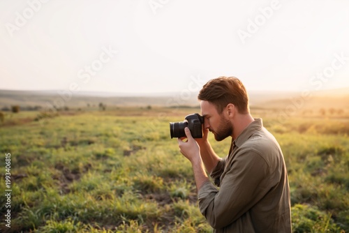 Man Takes Pictures in Open Field During Golden Hour Light